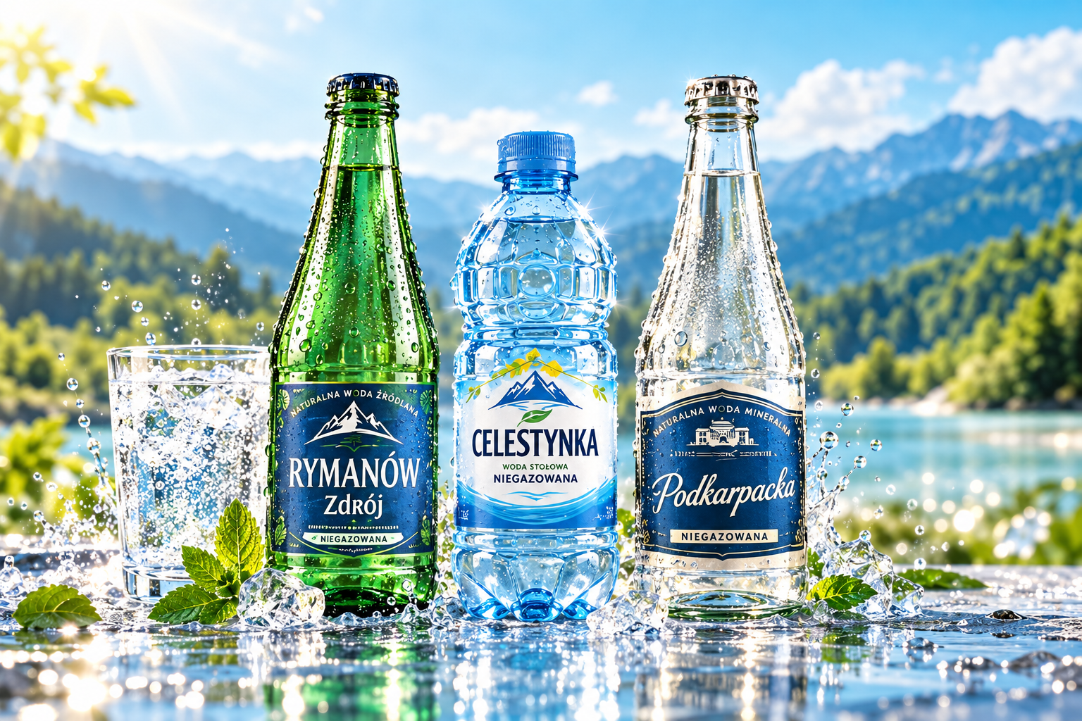 Reklamowa wizualizacja wód Rymanów Zdrój, Celestynka i Podkarpacka